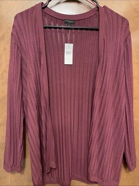 Ann Taylor Factory Ribbed Open-Front Cardigan in Burgundy